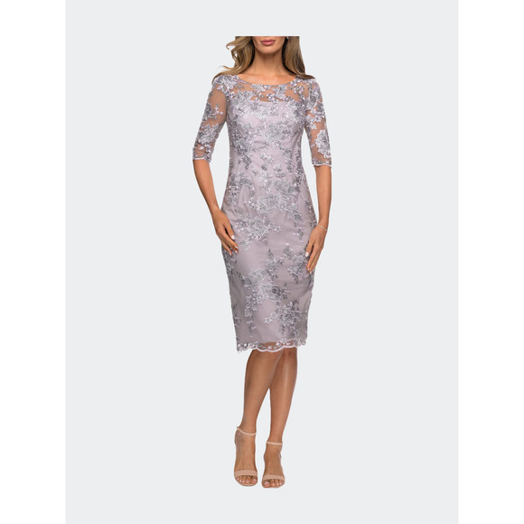 $429 La Femme Lavender Gray Embroidered Tea Length Sheath Dress 6 NEW